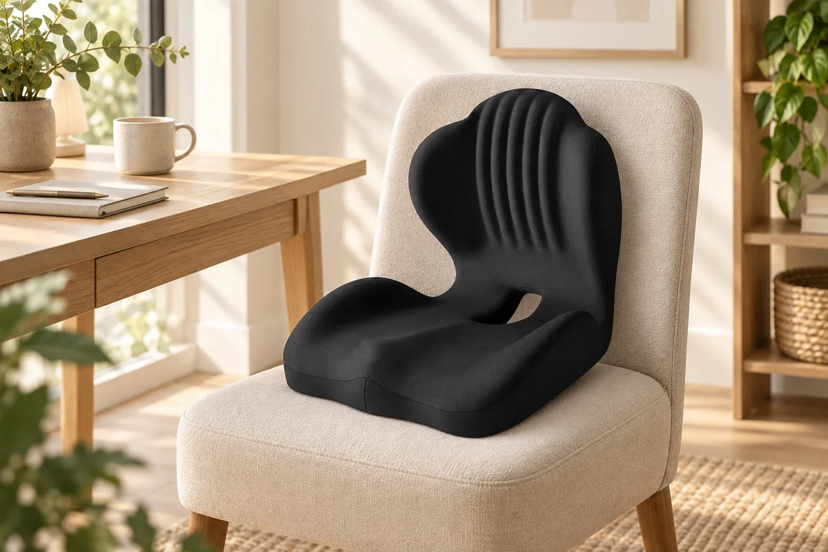 Black integrated seat and back support cushion on an oatmeal chair beside a sunlit oak desk.