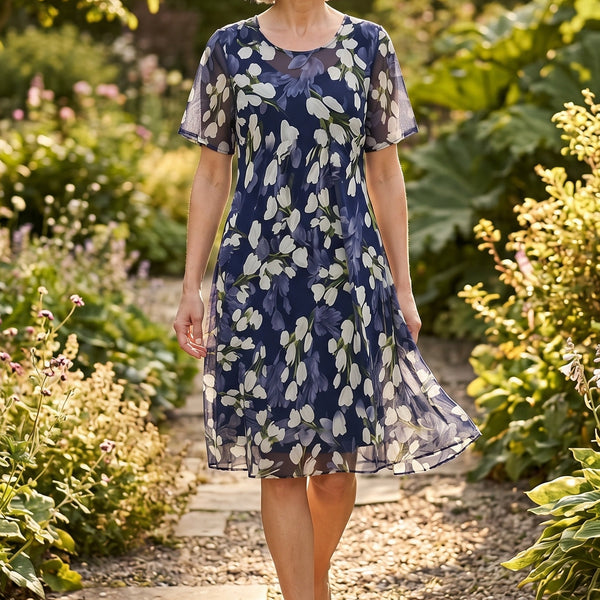 ELEGANT NAVY FLORAL MIDI DRESS