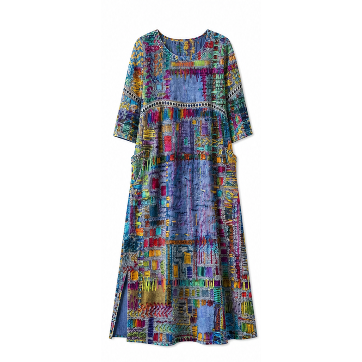 Painterly Patchwork Midi Dress — View 16 | Clova