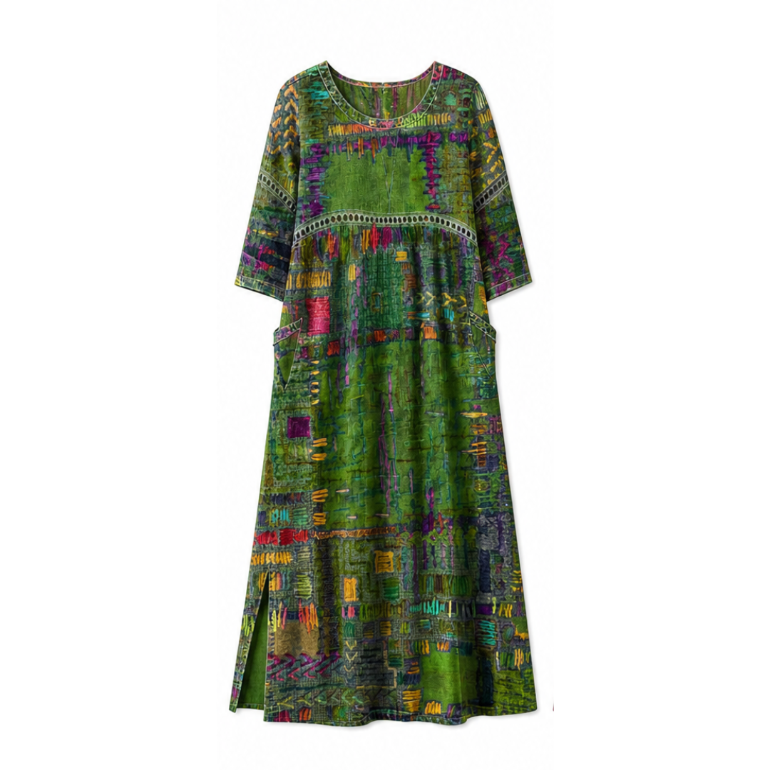 Painterly Patchwork Midi Dress — View 17 | Clova