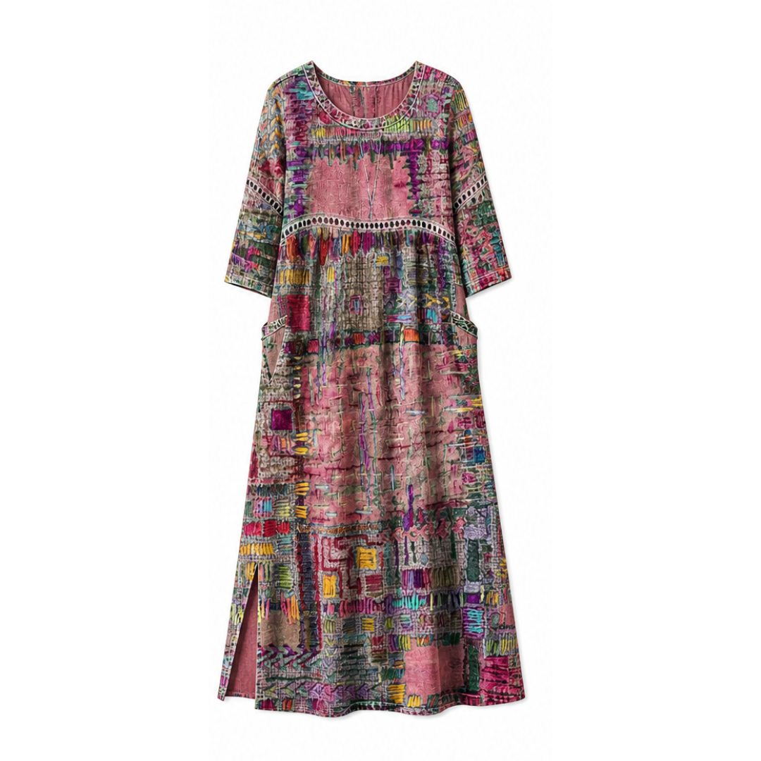 Painterly Patchwork Midi Dress — View 18 | Clova