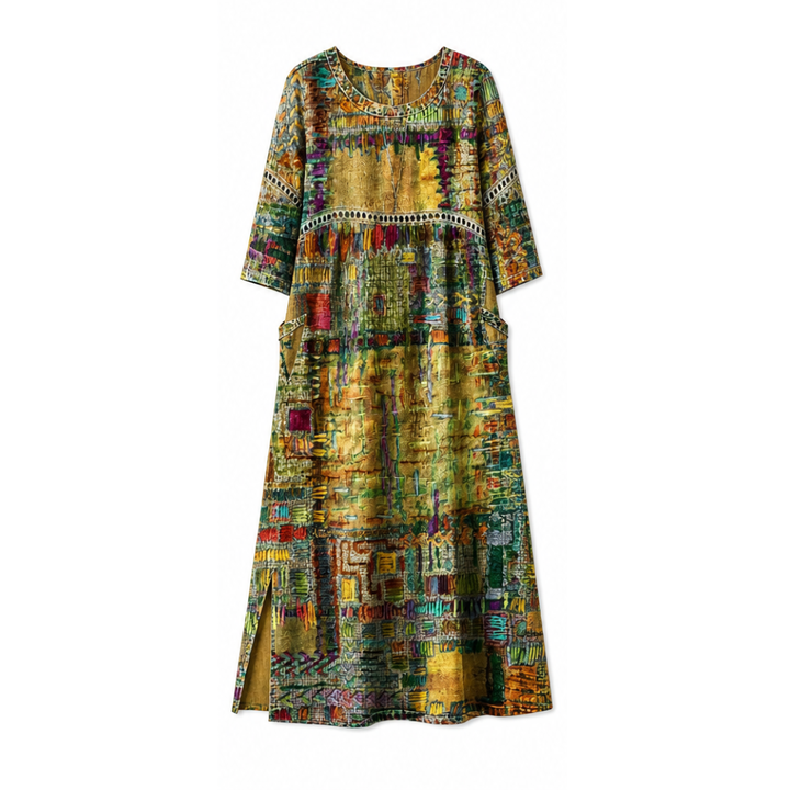 Painterly Patchwork Midi Dress — View 19 | Clova