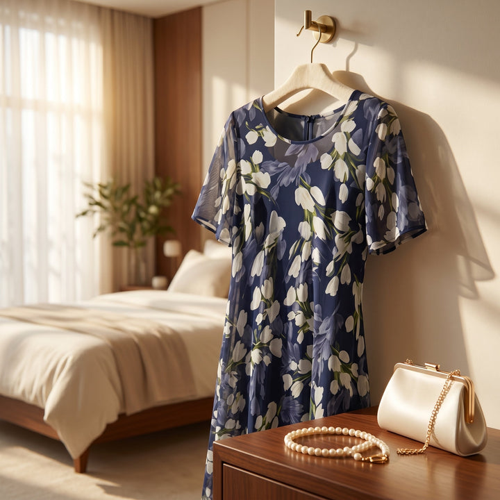 ELEGANT NAVY FLORAL MIDI DRESS