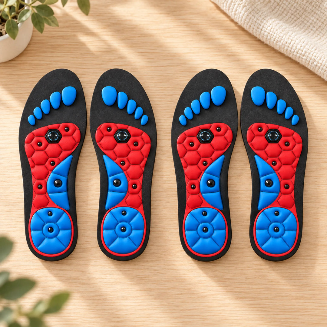 Textured comfort insoles — two red pairs