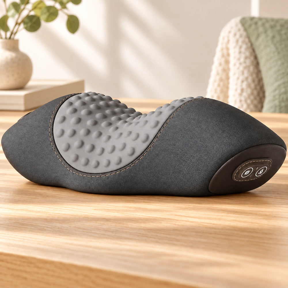 Textured gray contact panel and side controls on the neck massage pillow