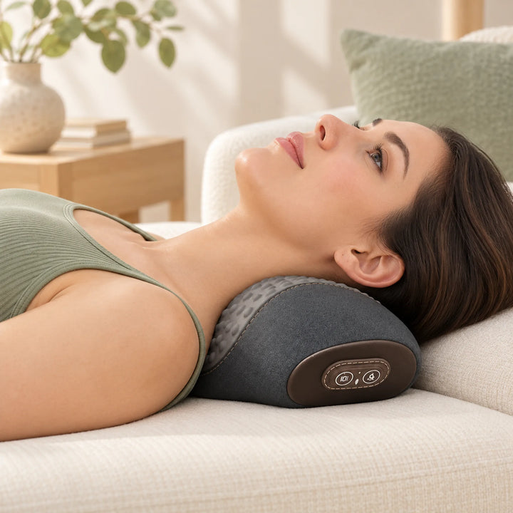 Contoured massage pillow positioned beneath the neck for a short rest
