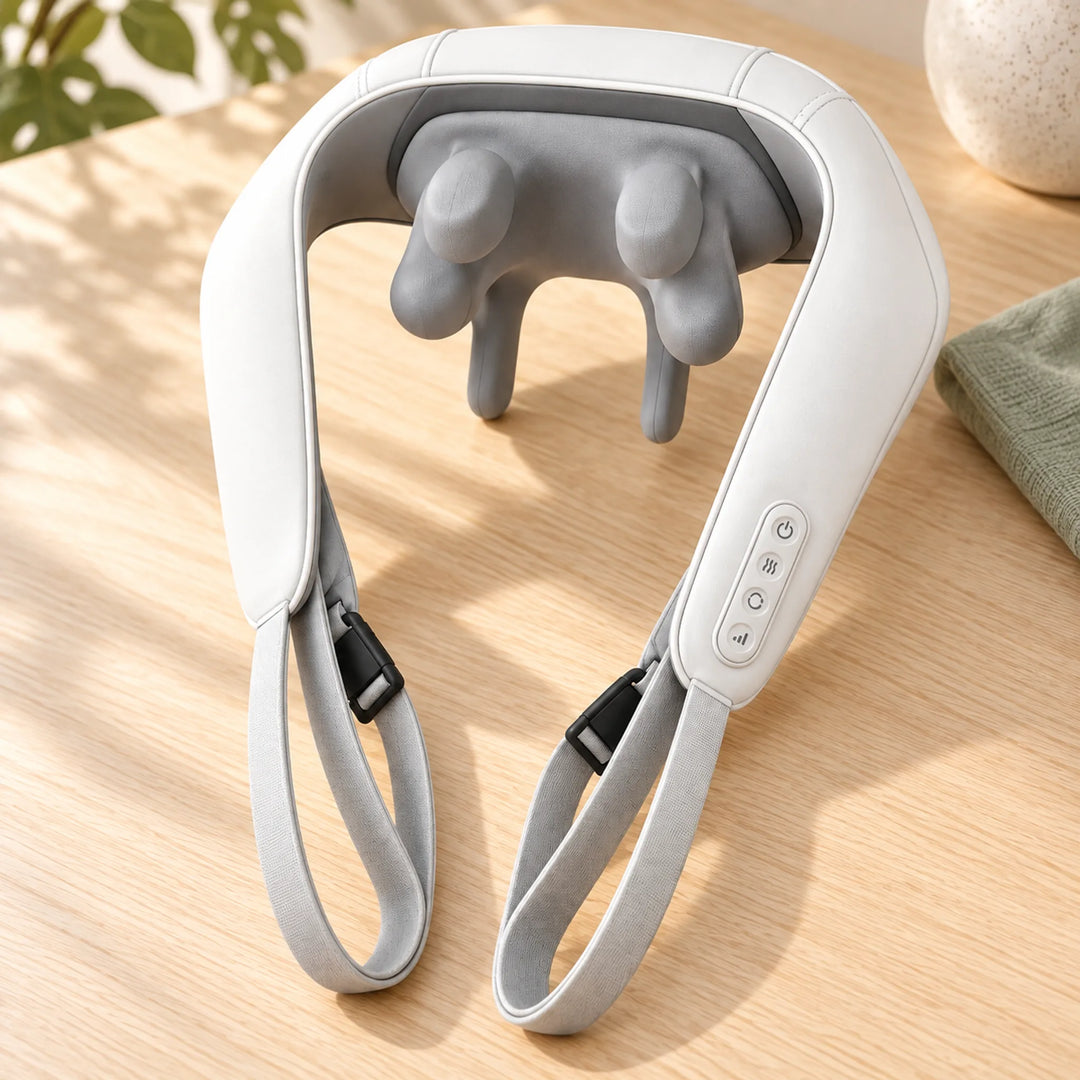 Gray kneading contact shapes and controls on the white cordless massager