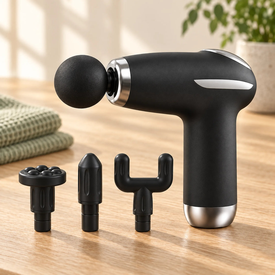 Mini black massage gun with four interchangeable head shapes