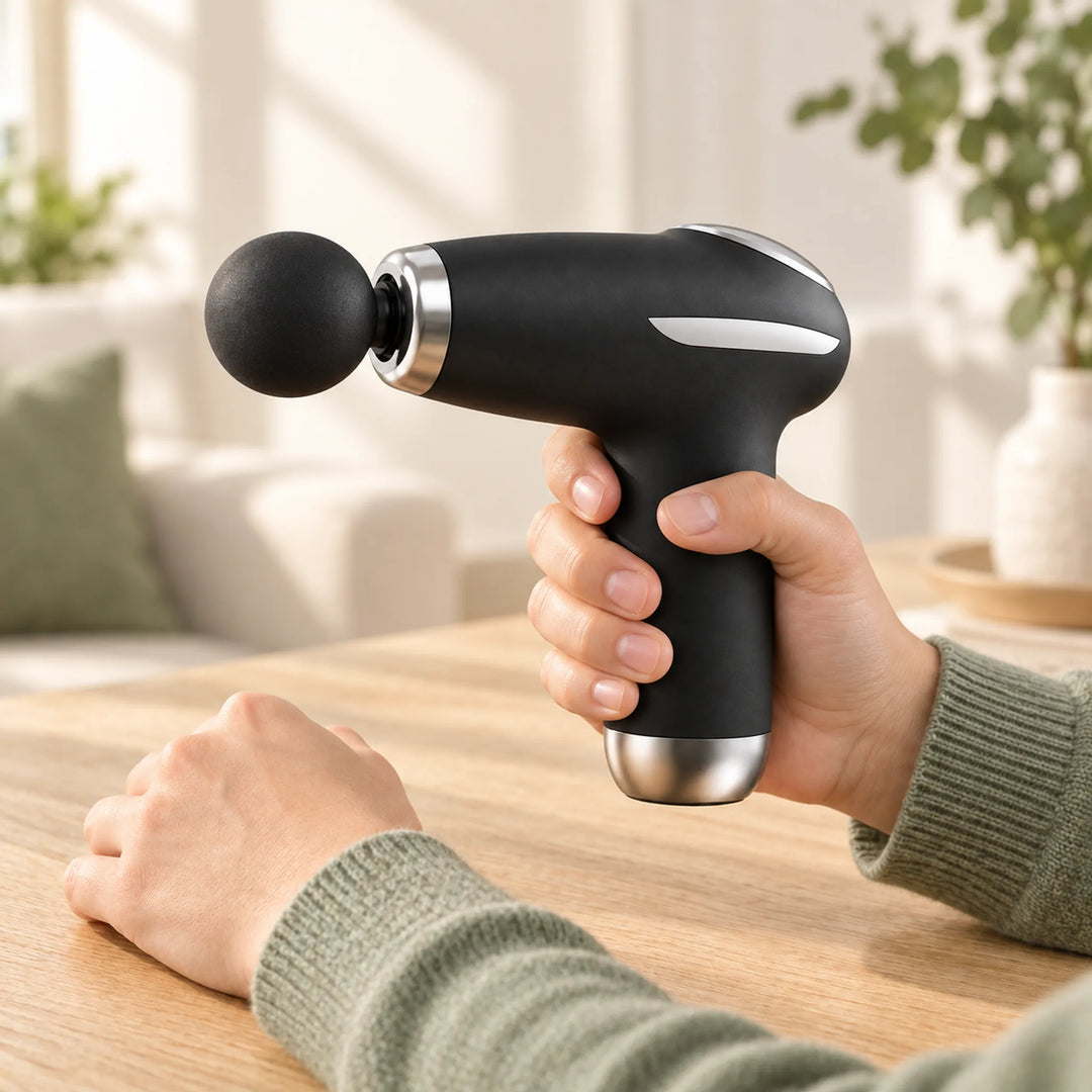 Hand holding the black mini massage gun at a table before use.