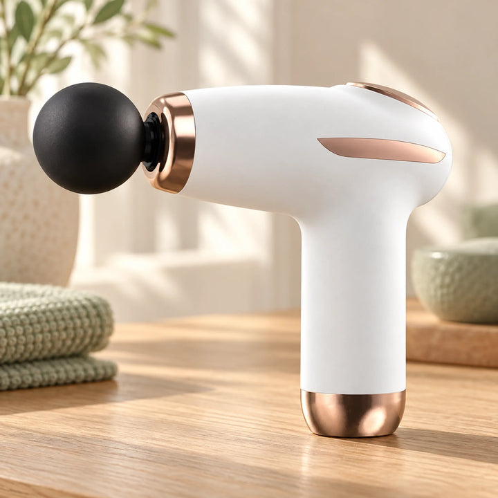 white mini massage gun with round attachment