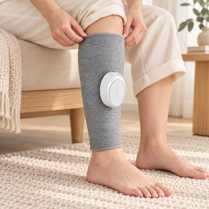 Cordless Air-Compression Calf Wrap with Heat — seated setup