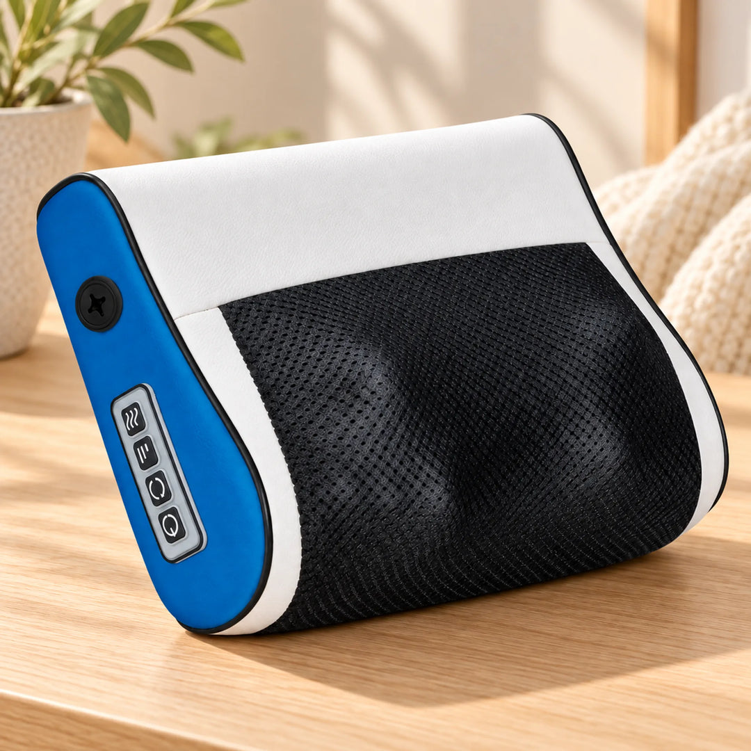 Mesh contact face and four side buttons of the blue massage pillow