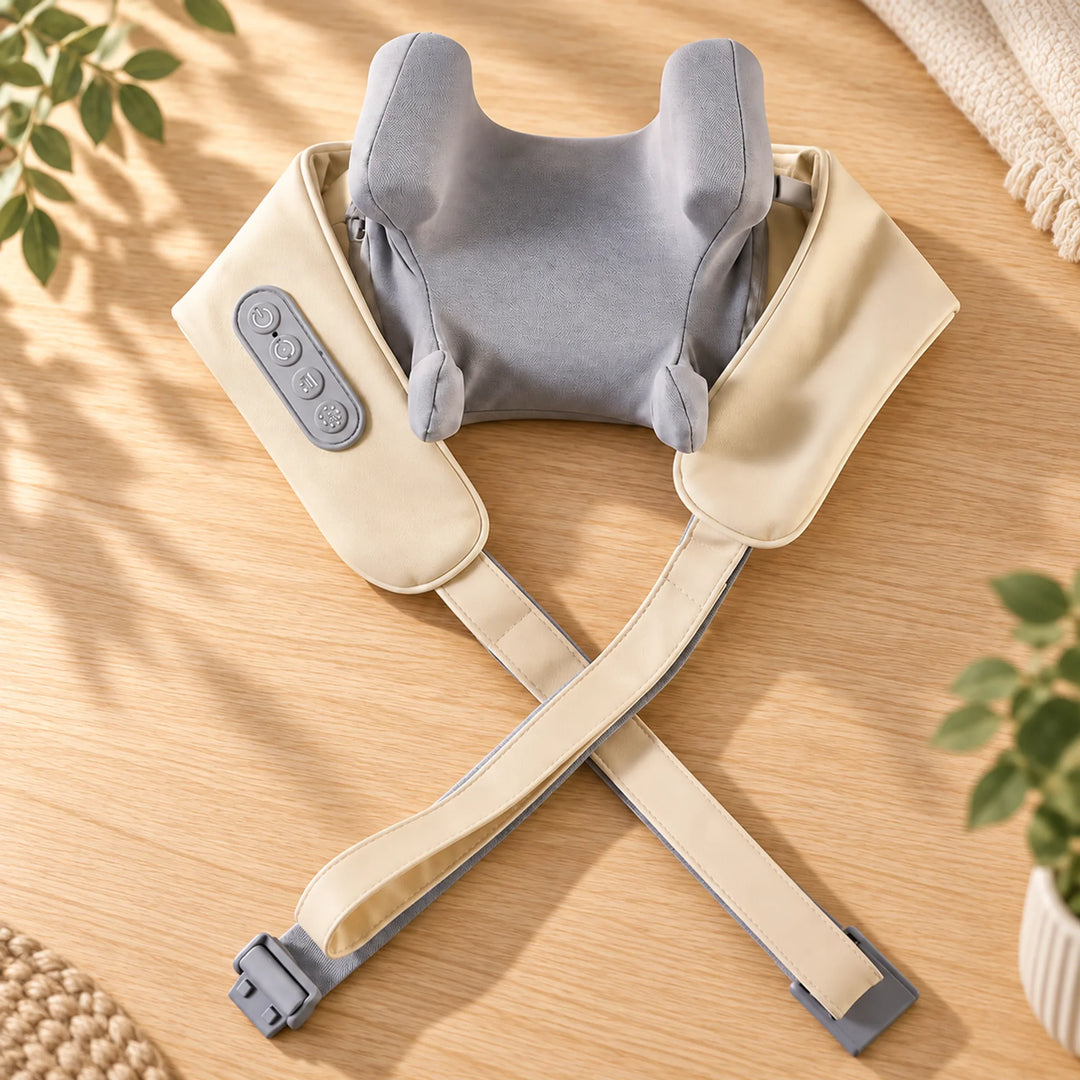 Integrated buttons, gray fabric kneading surface and straps of the cream massager