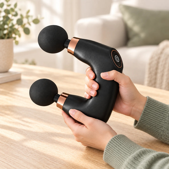 Hand holding the dual-head massage gun at a table before use.