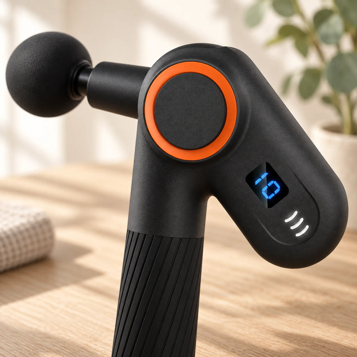 Orange pivot and digital control area of the adjustable-angle massage gun