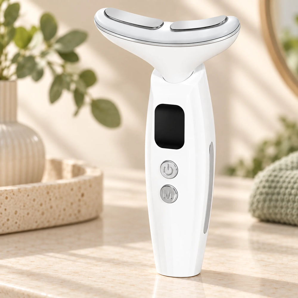 Curved silver contact pads and controls on the handheld neck beauty device
