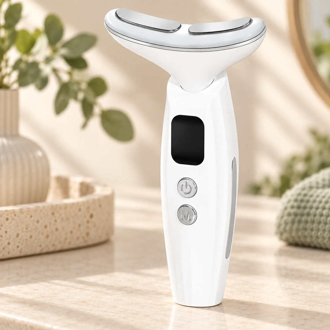 Curved silver contact pads and controls on the handheld neck beauty device