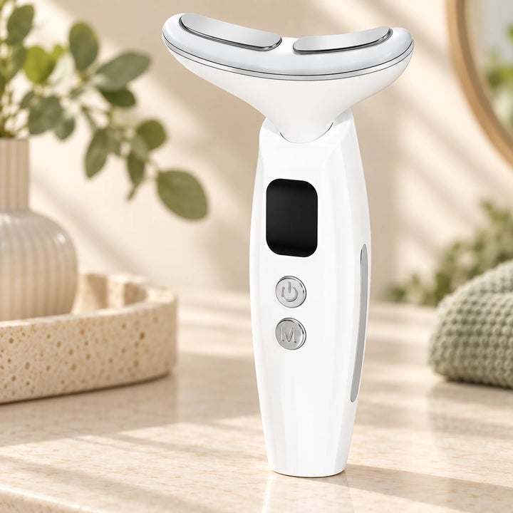 Curved silver contact pads and controls on the handheld neck beauty device