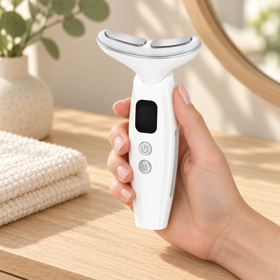 Handheld LED neck beauty device held beside a vanity