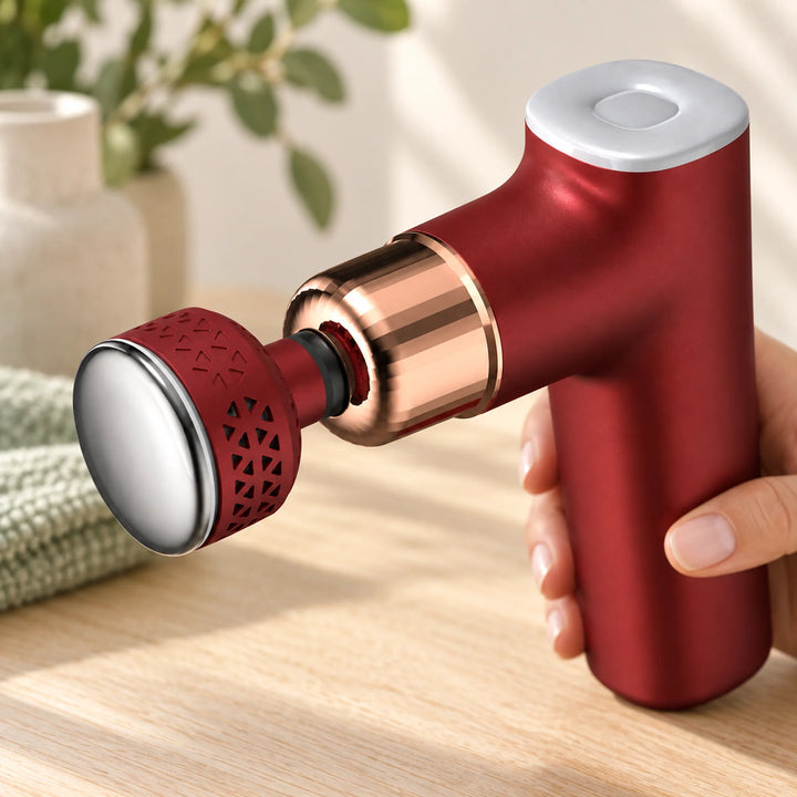 Silver contact disc and vented head of the red hot and cold massage gun
