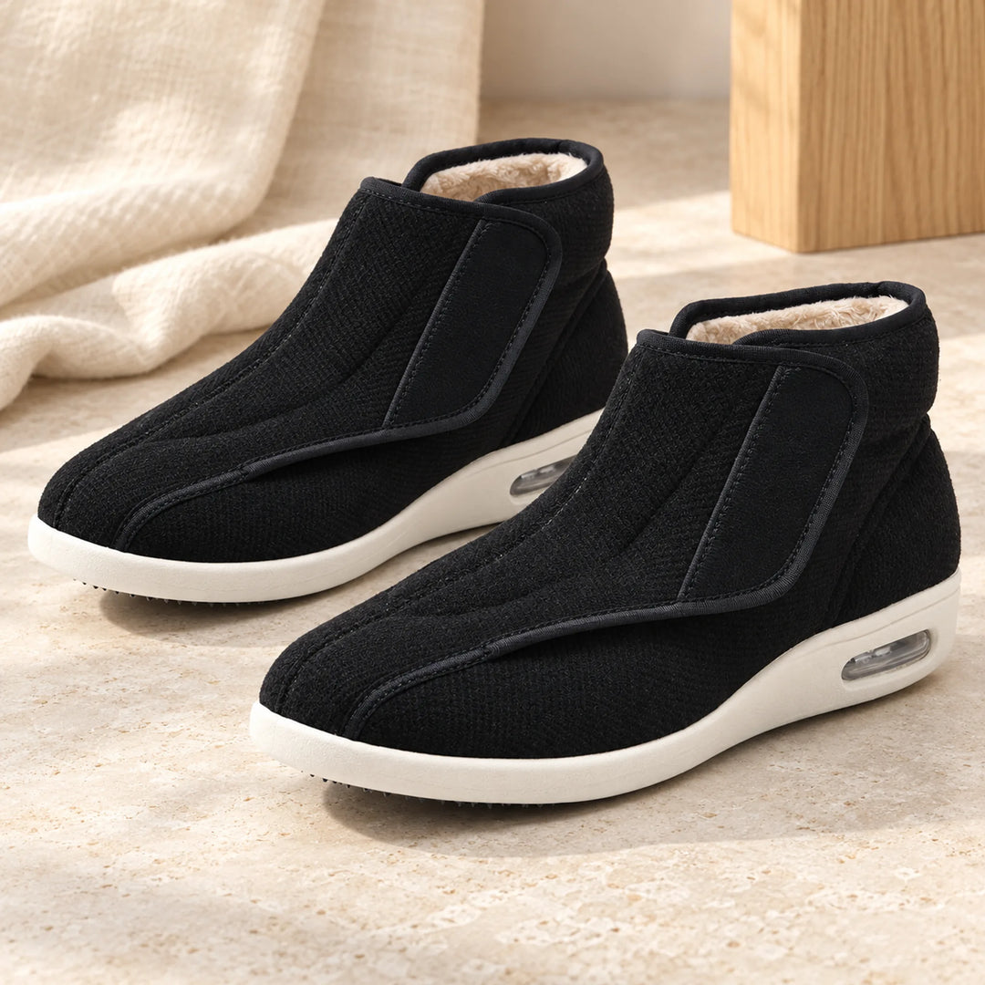 Ankle-High Wrap Comfort Shoes — striped black fleece