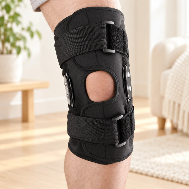 Hinged open-knee brace — single fit