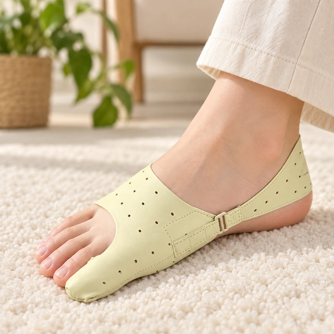 Single adjustable bunion support sleeve with heel strap, worn while seated
