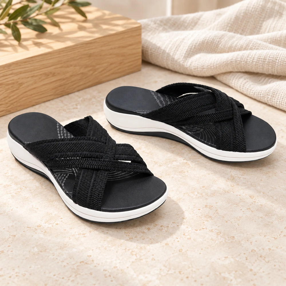Women's Striped Crossover Slide Sandals — black
