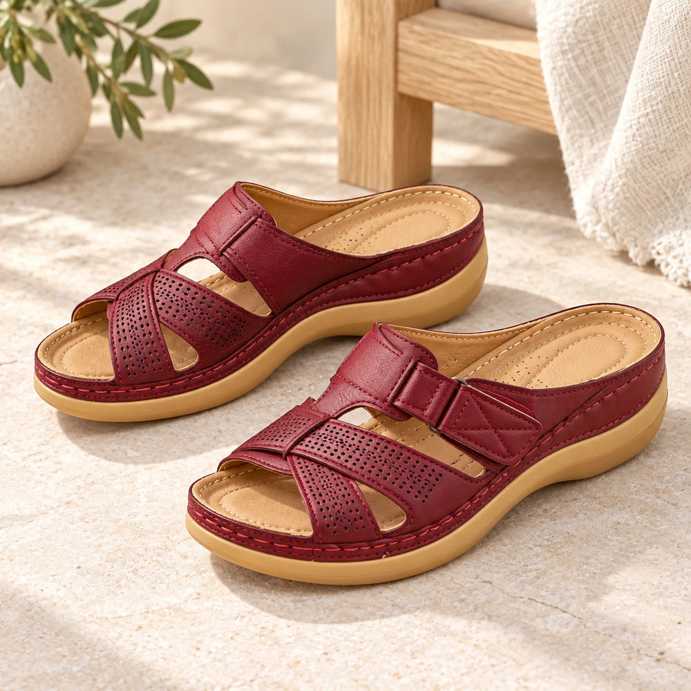Women's Cutout Buckle Mule Sandals — dark red