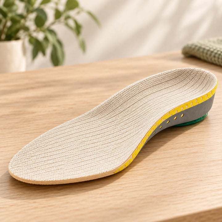 beige yellow gray and green contoured insole — arch and heel detail