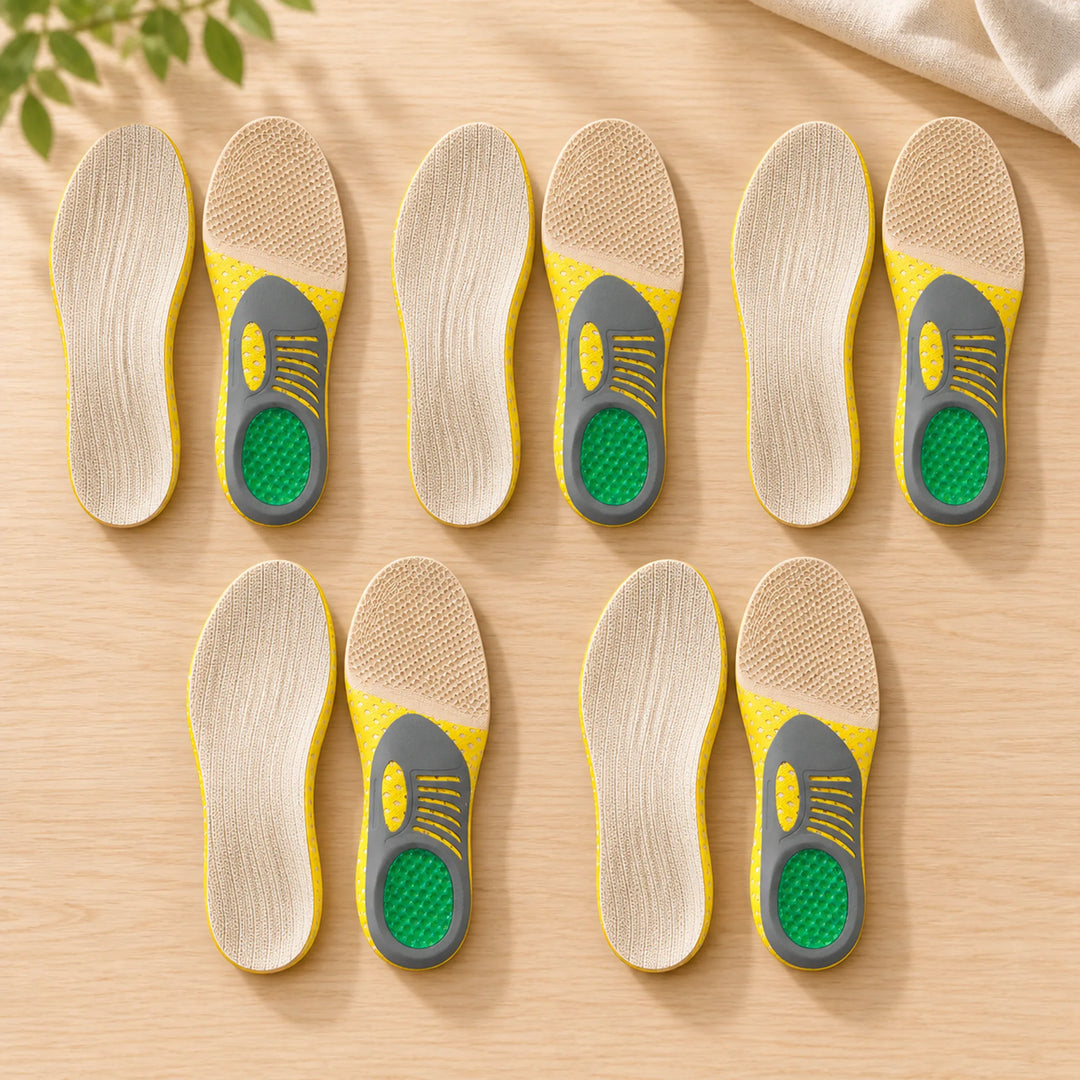 beige yellow gray and green contoured insoles — 5 pairs