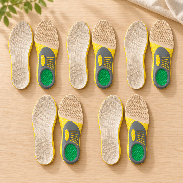 beige yellow gray and green contoured insoles — 5 pairs