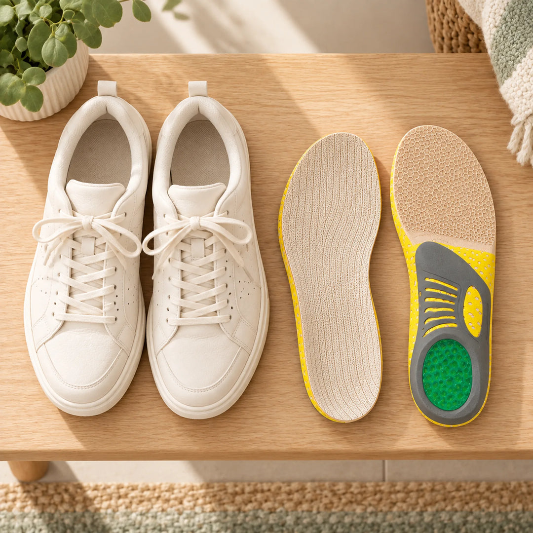 beige yellow gray and green contoured insoles — arranging with everyday shoes