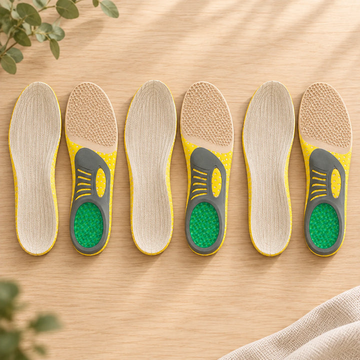 beige yellow gray and green contoured insoles — 3 pairs