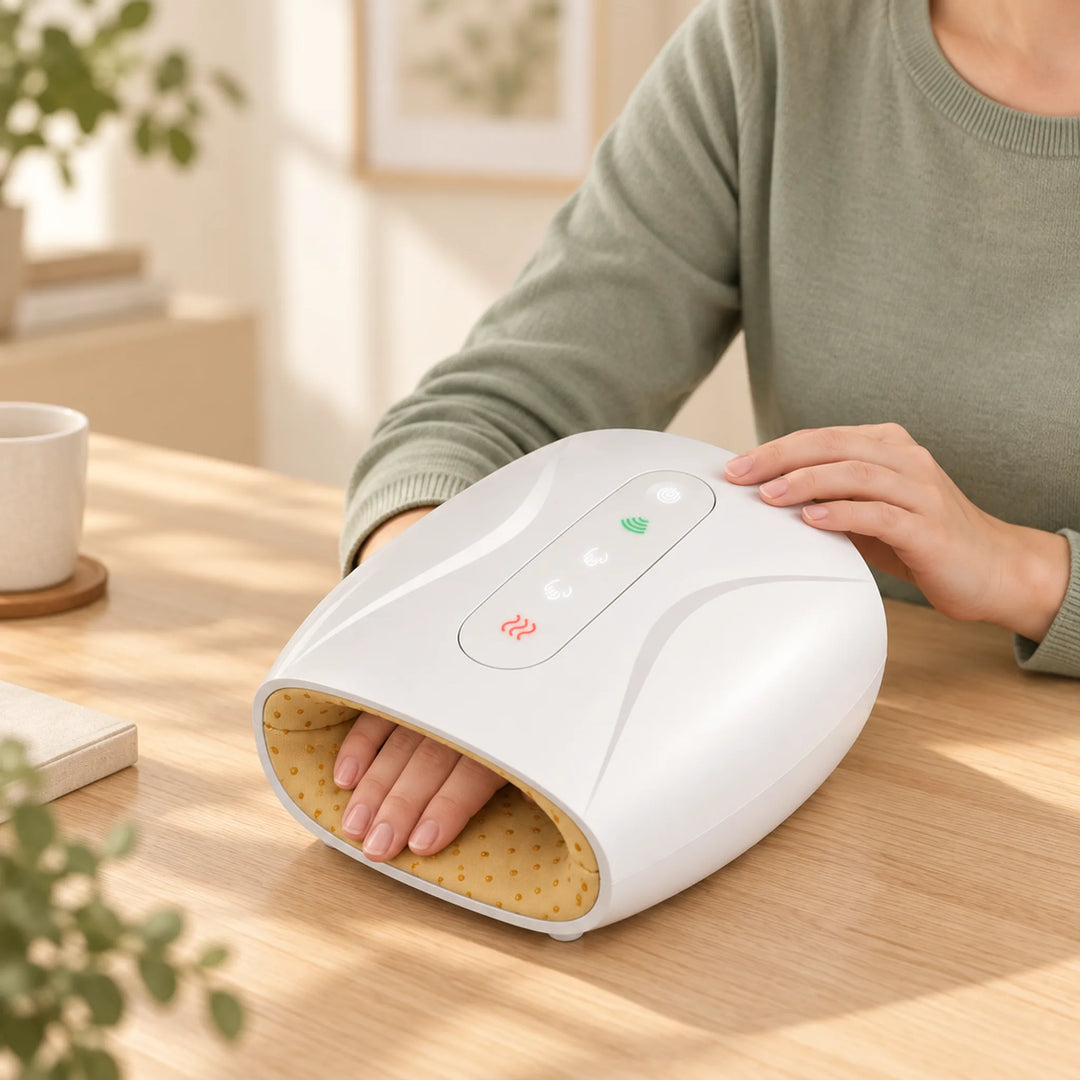 One hand resting through the open-ended massager