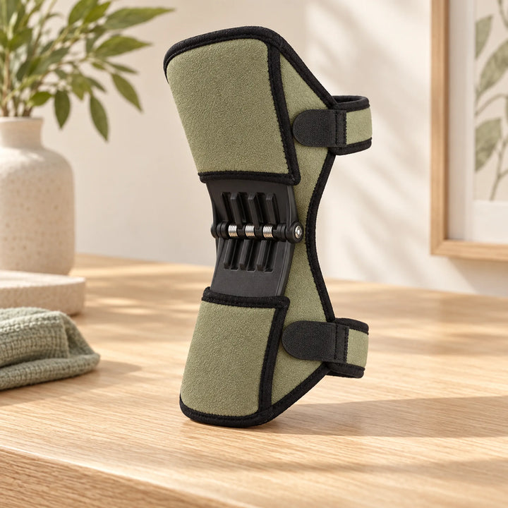 One green spring-panel knee support