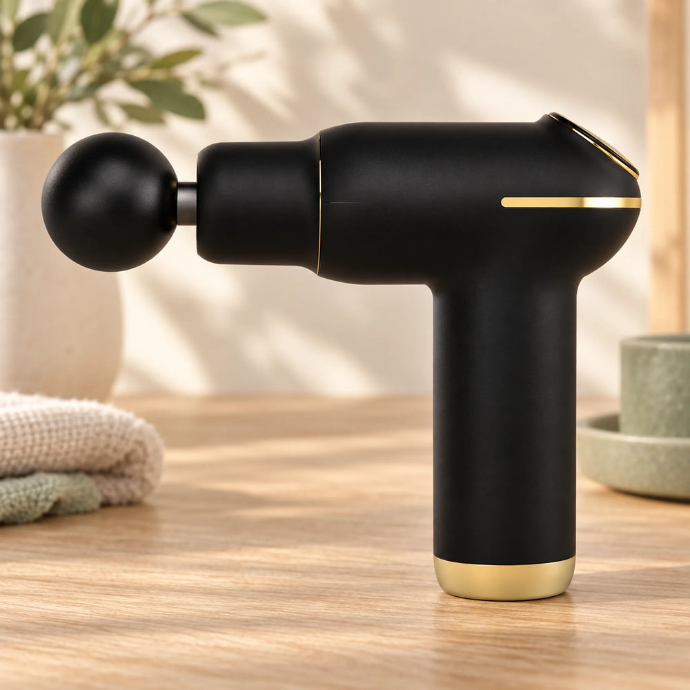 Black compact rechargeable massage gun with gold trim