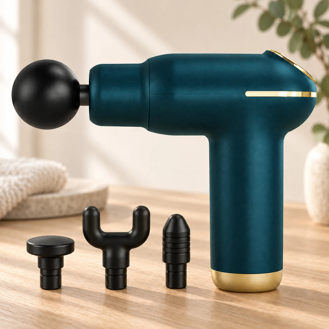 Blue compact massage gun and four attachment shapes