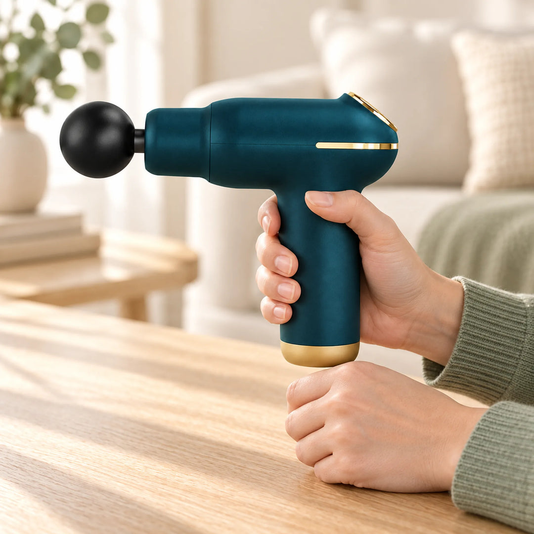 Hand holding the blue compact massage gun at a table before use.