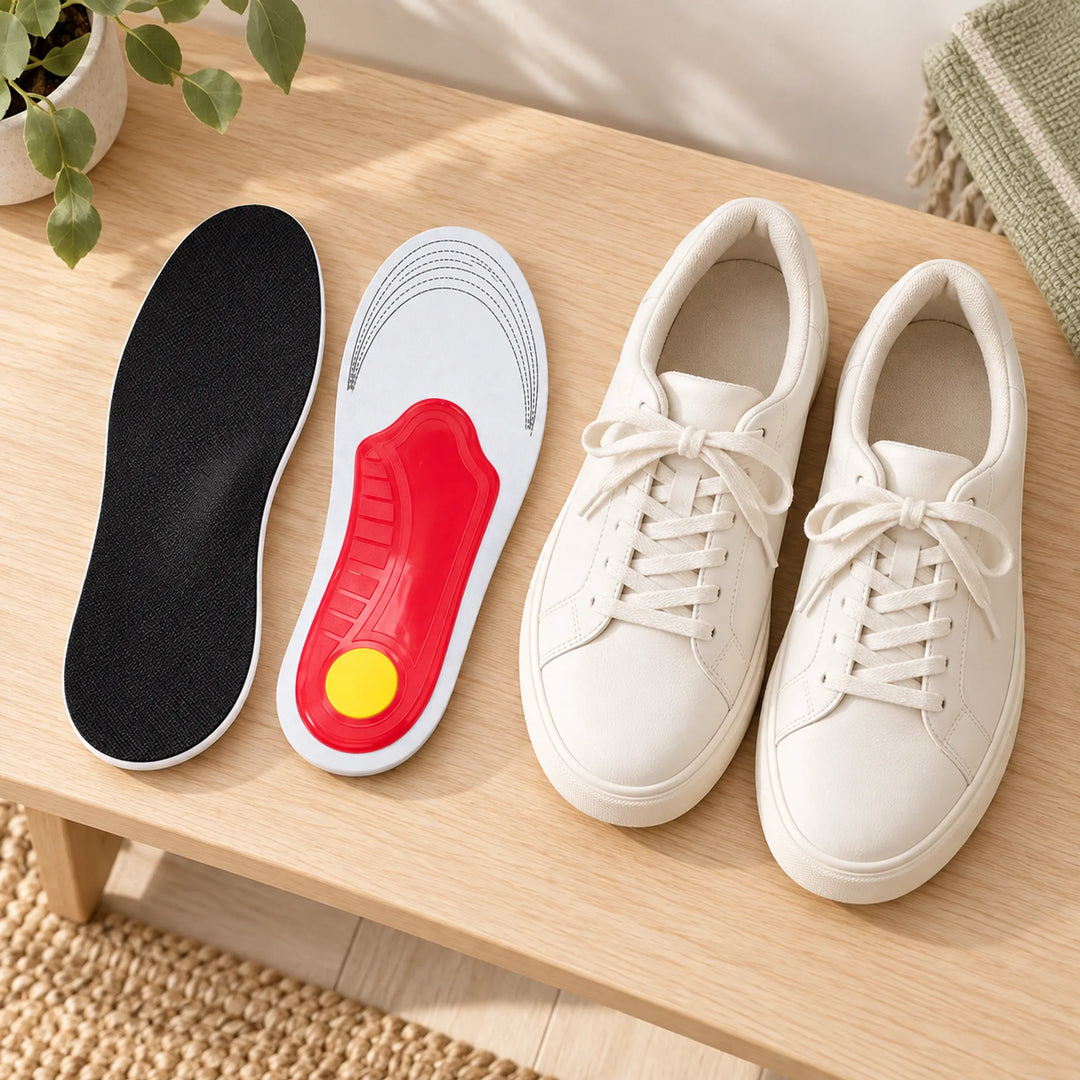 black white red and yellow flexible insoles — arranging with everyday shoes