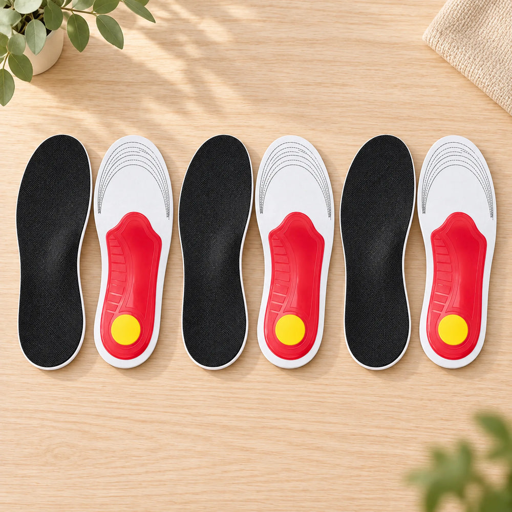 black white red and yellow flexible insoles — 3 pairs