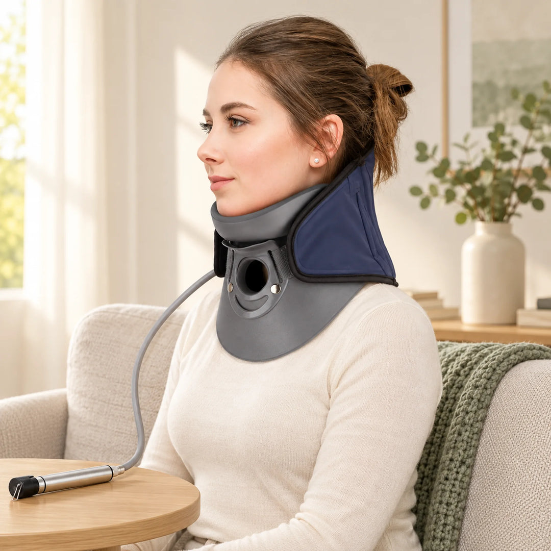 Structured gray neck support shown worn upright