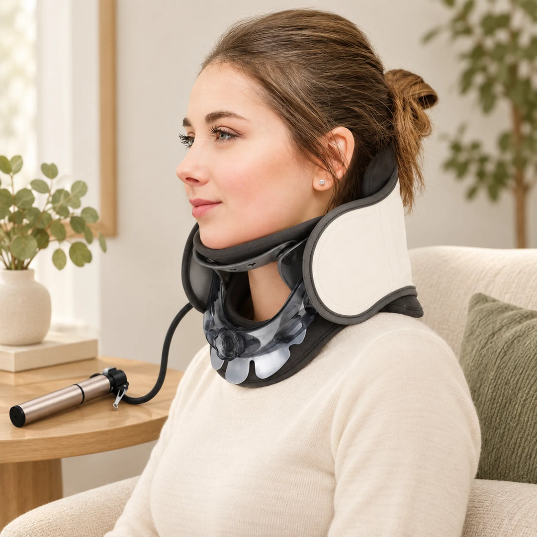 Open-frame neck support shown worn while seated upright