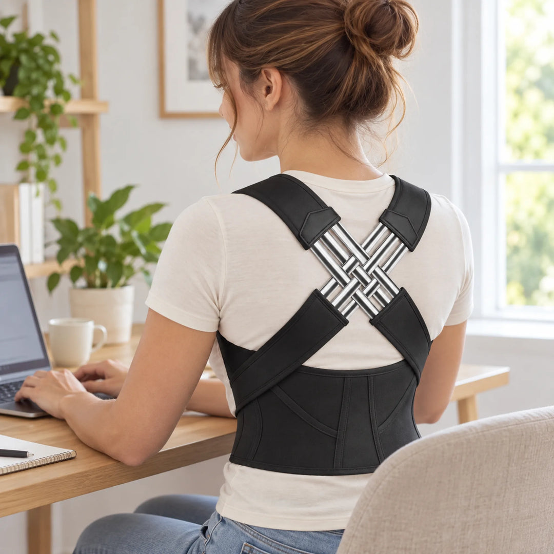 Cross-strap posture reminder belt — desk placement