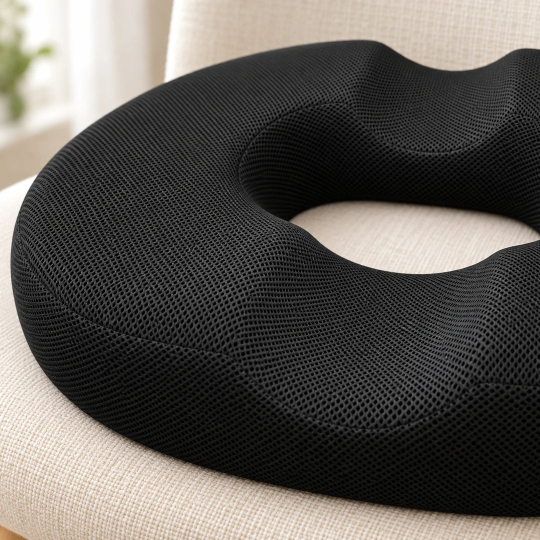 Black mesh donut cushion — surface and central opening detail