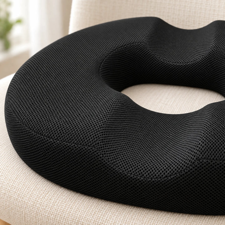 Black mesh donut cushion — surface and central opening detail