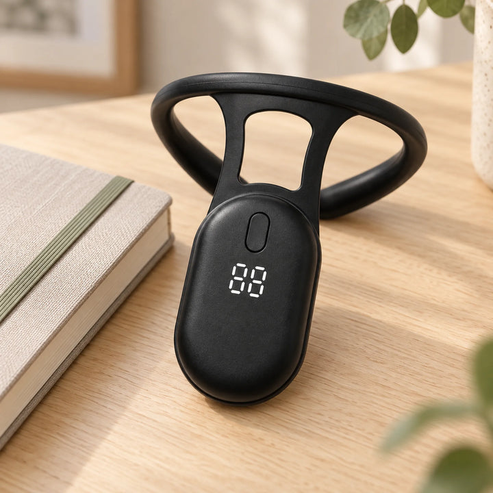 Neck-worn posture reminder — button and display