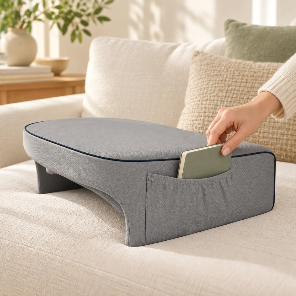 Fabric, dark piping and side pocket of the cushioned lap desk