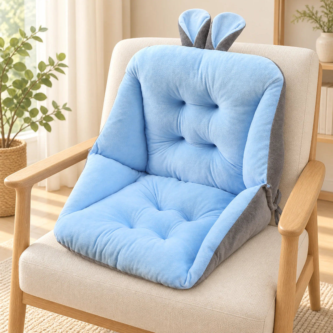 Blue plush bunny-ear seat-and-back cushion on a fully supporting reading chair