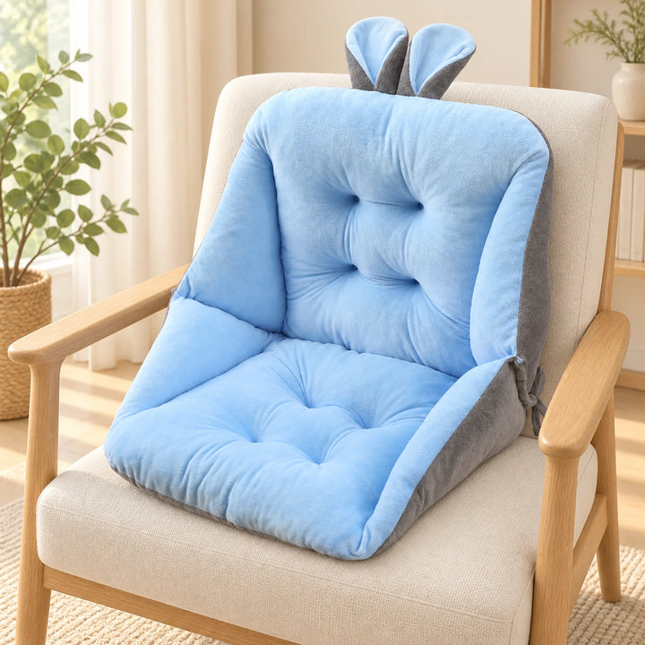 Blue plush bunny-ear seat-and-back cushion on a fully supporting reading chair